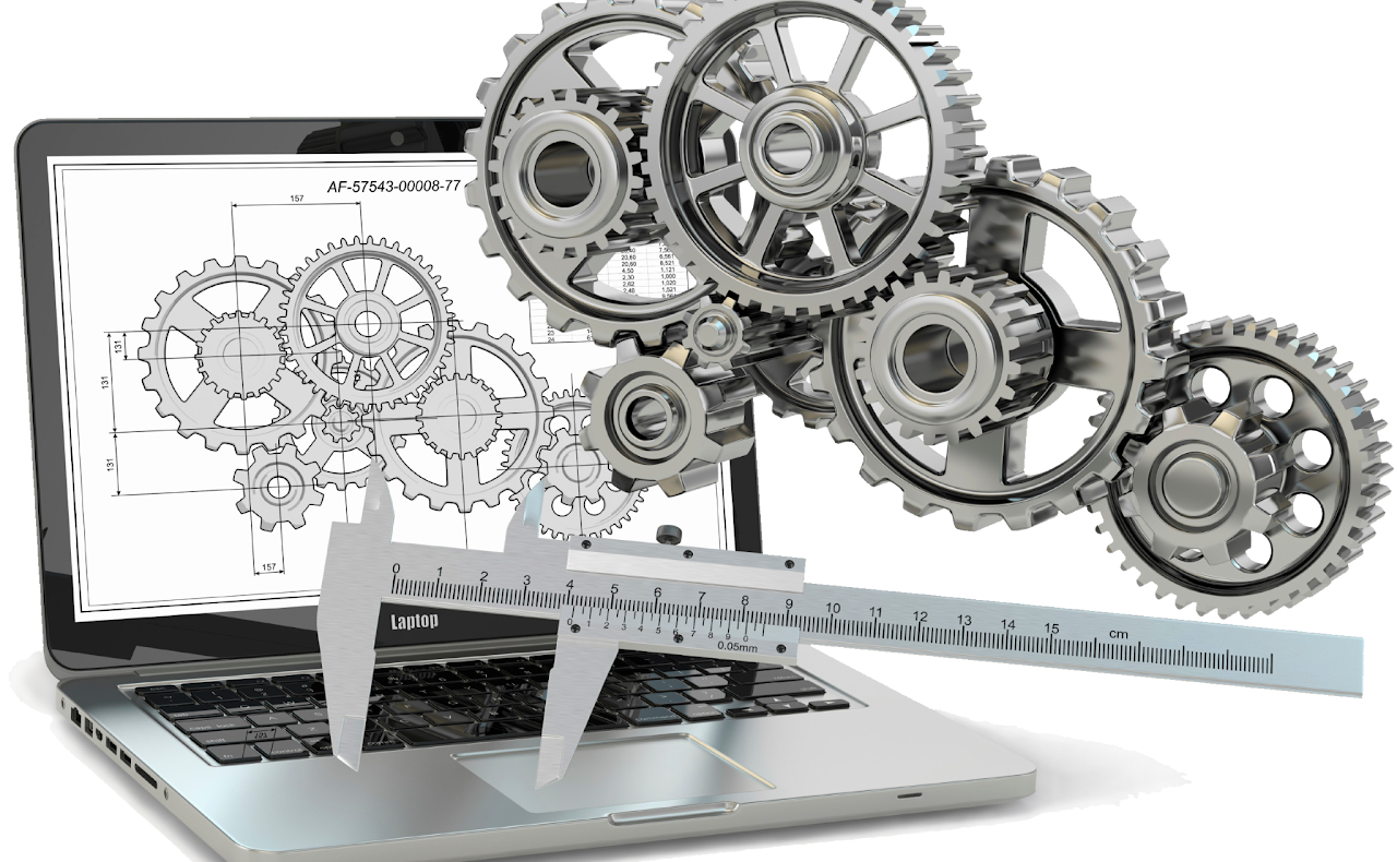 Laptop with engineering blueprint and gears