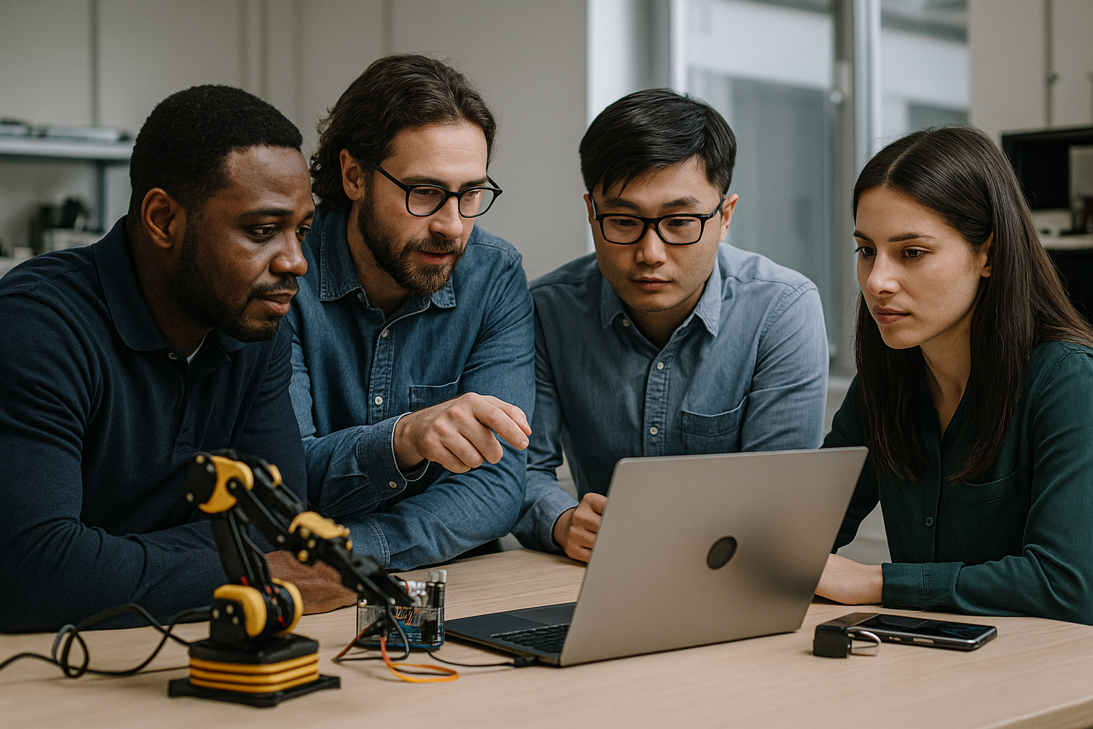 Our team of engineers and data scientists collaborating in our innovation lab.